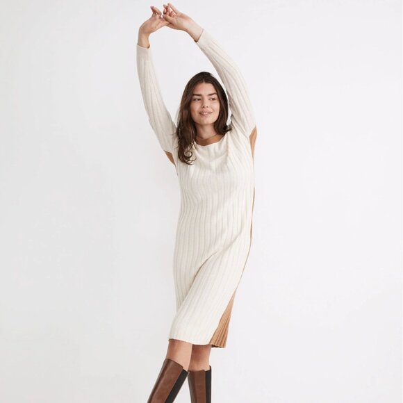 Madewell Wool Alpaca Resourced Ribbed Midi Sweater Dress White Tan S - Picture 1 of 9